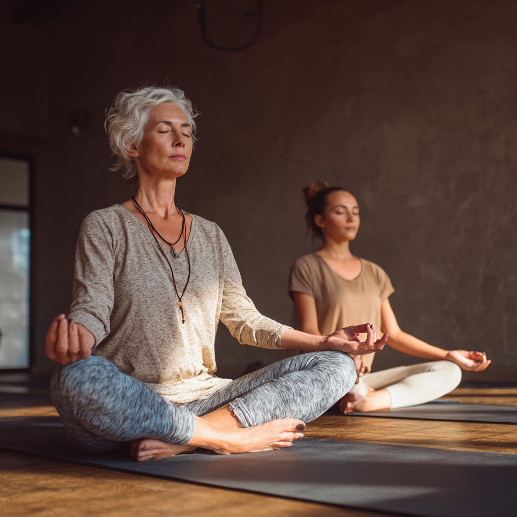 Experienced yoga instructor guiding middle-aged woman in peaceful meditation pose