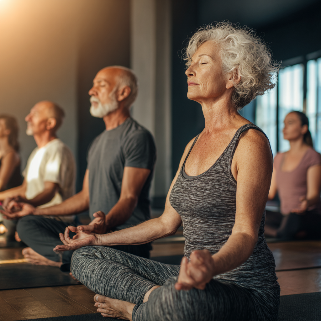 Mature adults practicing yoga in peaceful studio environment with natural lighting